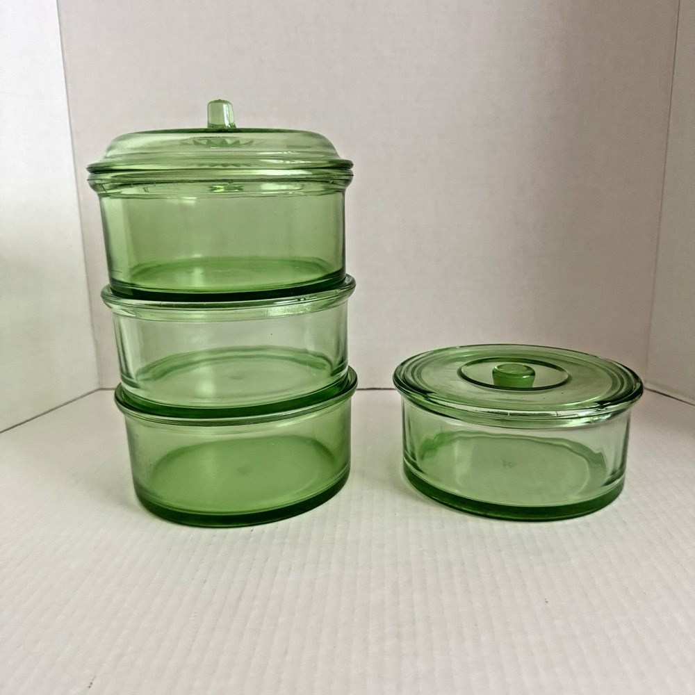 Hazel-Atlas Green Uranium Glass Refrigerator Dishes Stackable Set of 4 - 2 Lids